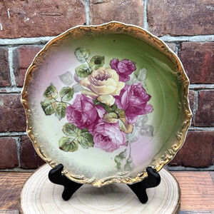 Antique Wheelock & Co California Rose Plate Pink Yellow Floral Germany Gold Edge